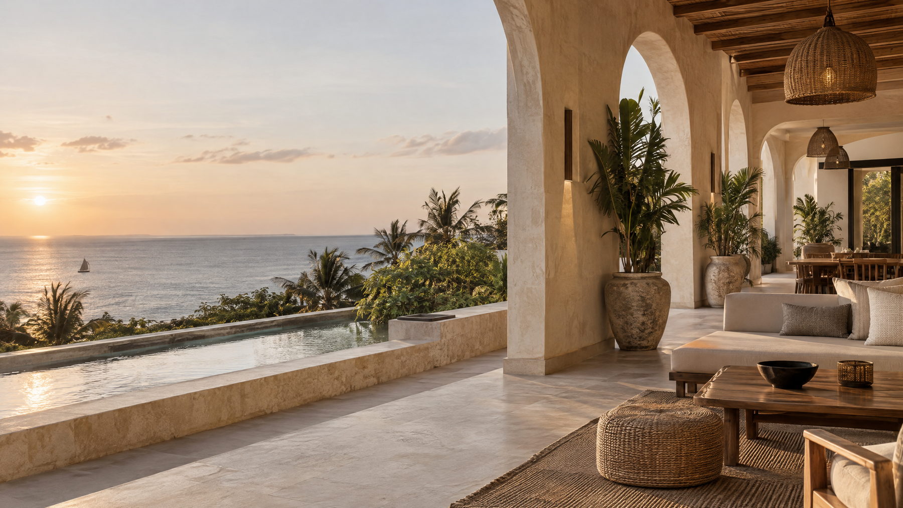 Quiet boutique-hospitality terrace in warm late-afternoon light, with Zanzibar-inspired architecture and an ocean view